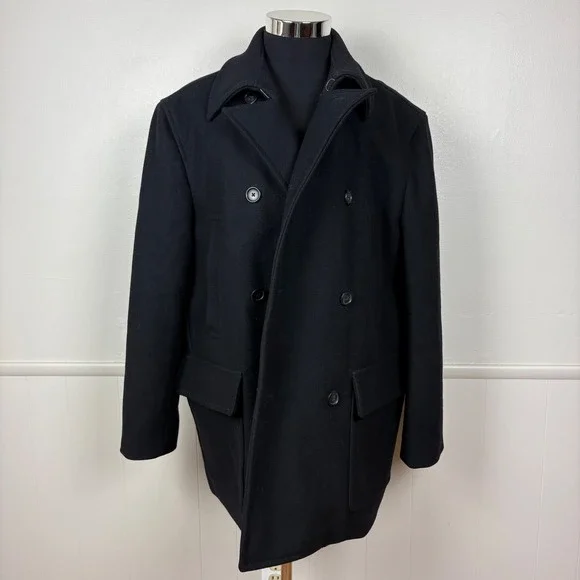 Express Men's Wool Blend Pea Coat Sz XL Black Double Breasted Classic Old Money
